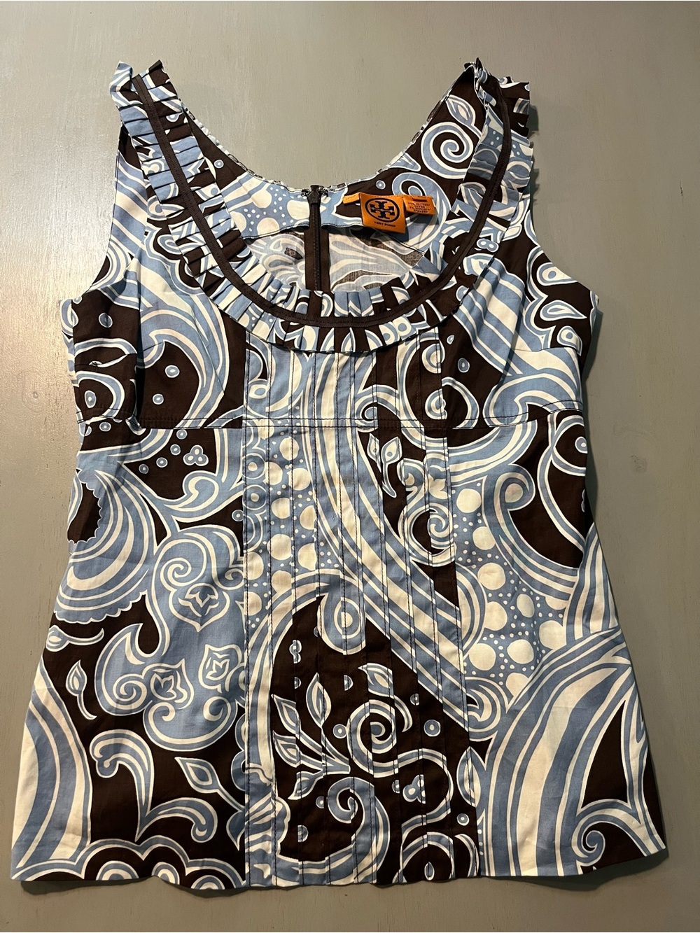 Tory Burch Blue & Brown Paisley Sleeveless Cotton Blouse - Size 8